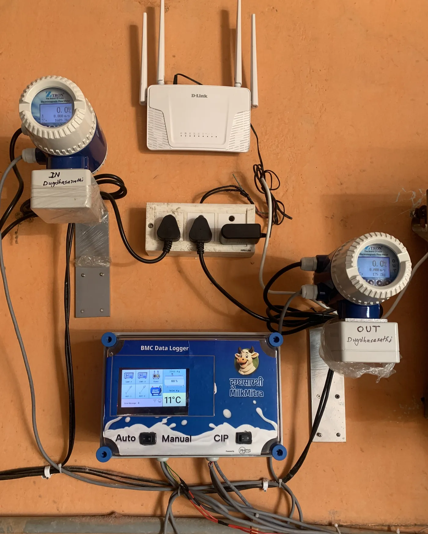 MilkMitra (दुग्धसारथी) BMC Data Logger installed on-site, with IN and OUT electromagnetic flow meters and gateway wiring at a live dairy collection centre