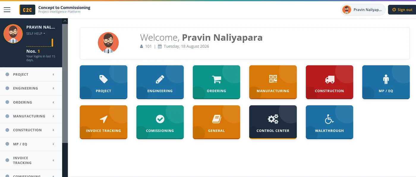 C2C module dashboard showing Project, Engineering, Ordering, Manufacturing, Construction, MP/EQ, Invoice Tracking, Commissioning, General, Control Center and Walkthrough tiles