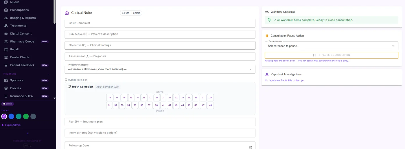 DCMS clinical documentation screen with a structured SOAP-format consultation form, workflow checklist, and consultation pause controls